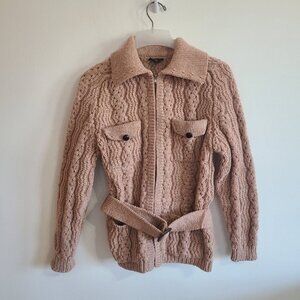 Gaeltarra 100% Pure Wool Ireland Knit Zip Pocket Sweater Belted Pink
